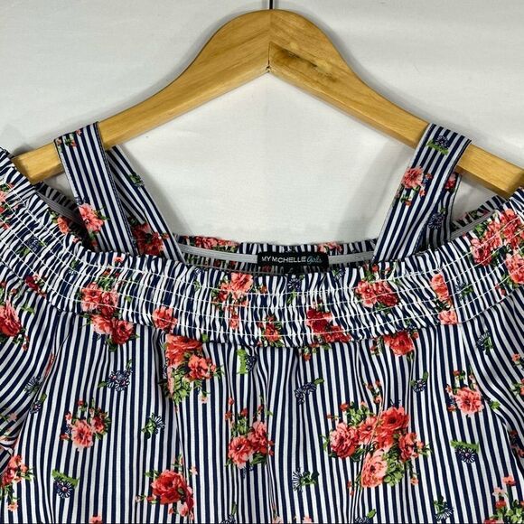 My Michelle Blue and White Striped Floral Romper - Picture 7 of 13